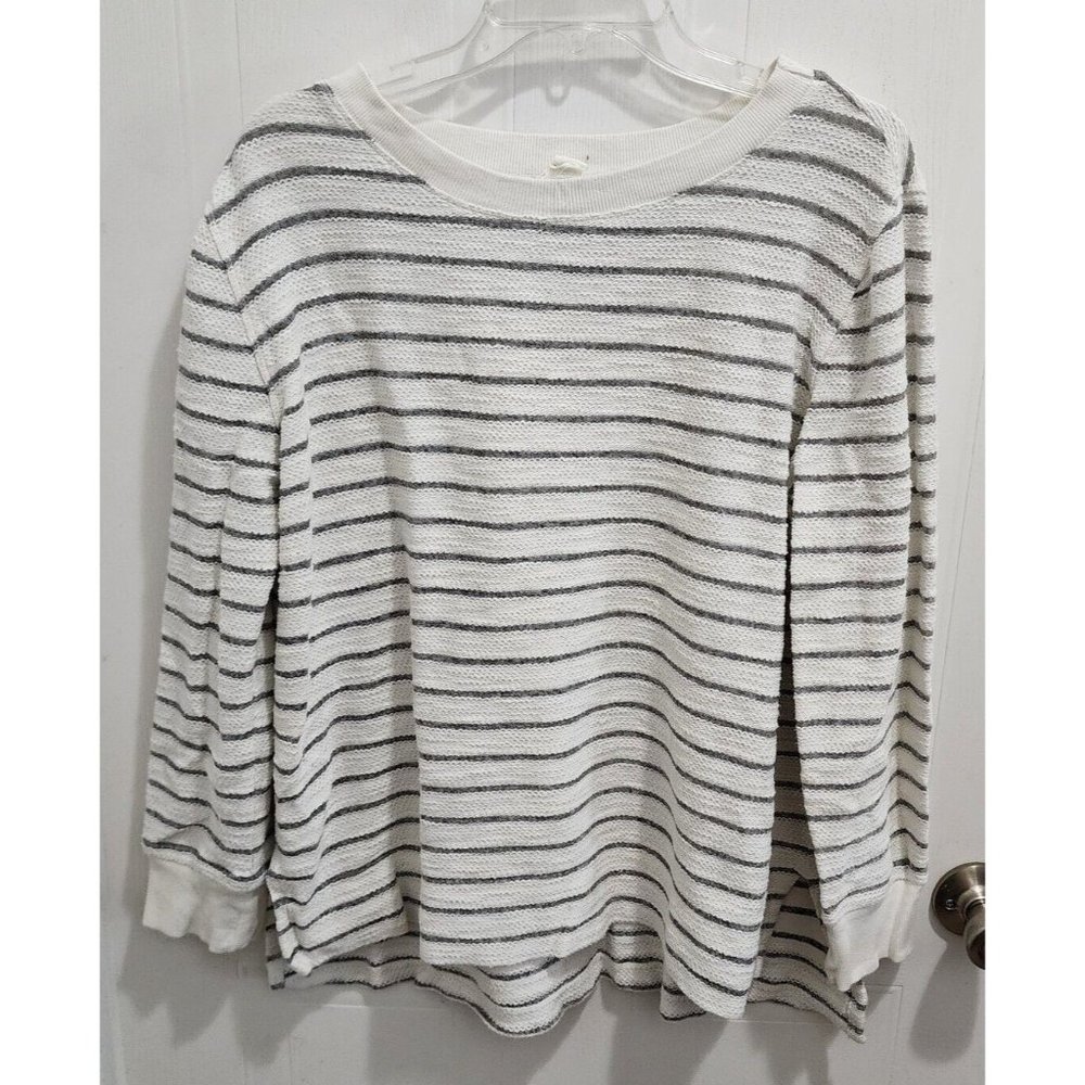 LOFT Outlet Lounge Women's Knit Pullover Sweater Top Gray/White Stripe‎ Size L